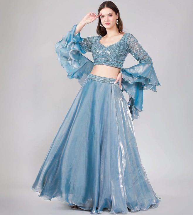 laalzari powder blue crop-top with skirt