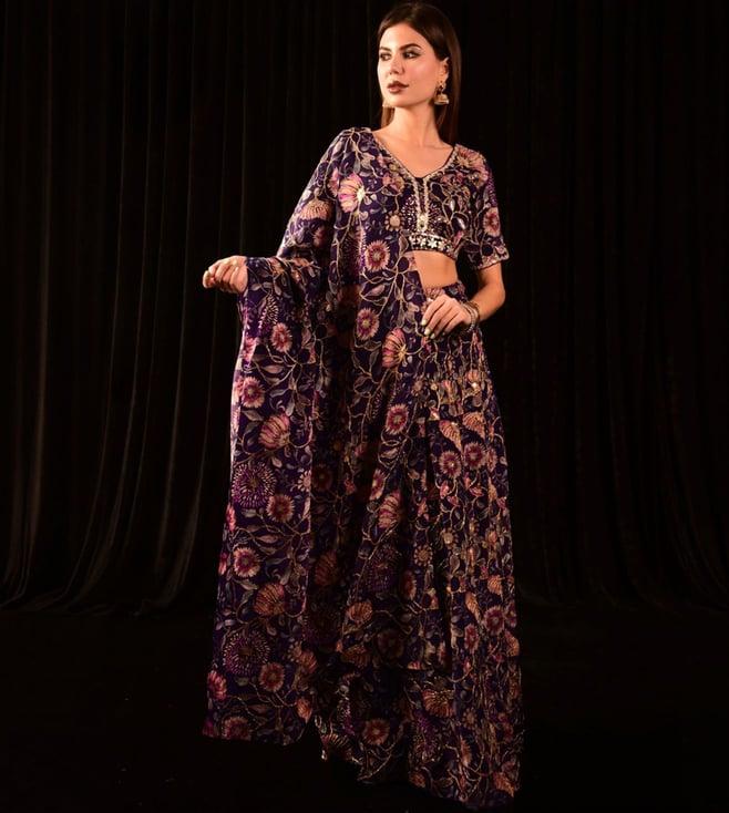 laalzari purple floral embroidered crop-top with skirt and dupatta