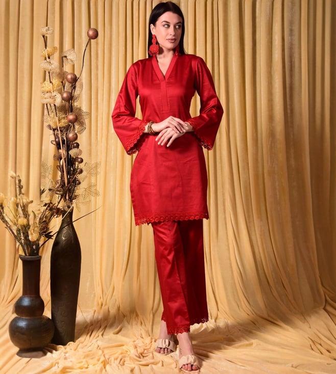 laalzari red solid tunic with pant co-ord set