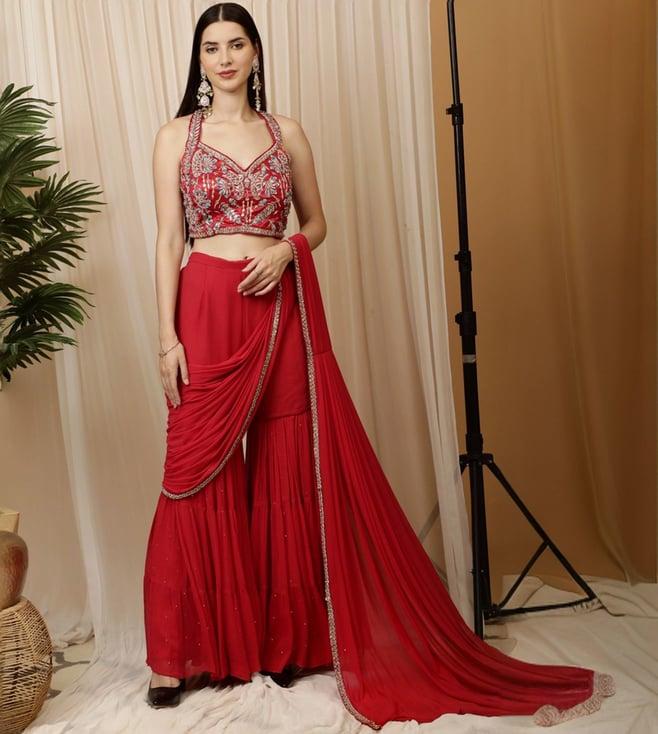 laalzari tomato red embroidered crop top with sharara saree