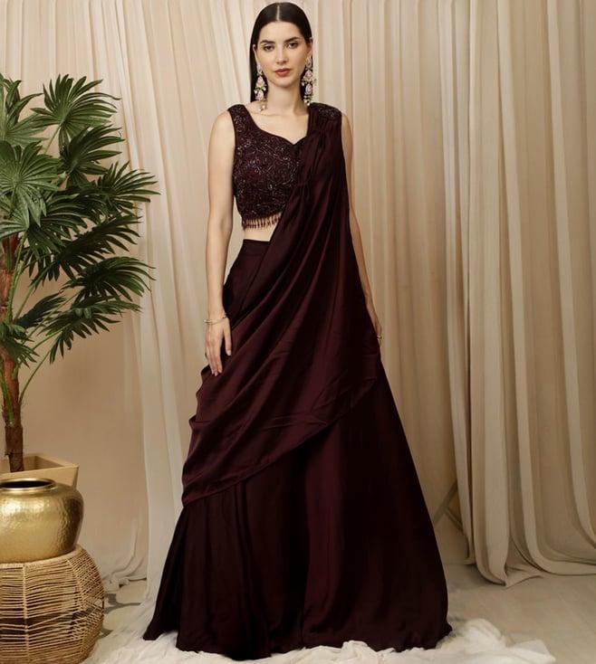 laalzari wine crop top with high low palazzo saree