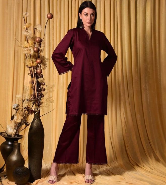 laalzari wine v-neck tunic with pant co-ord set