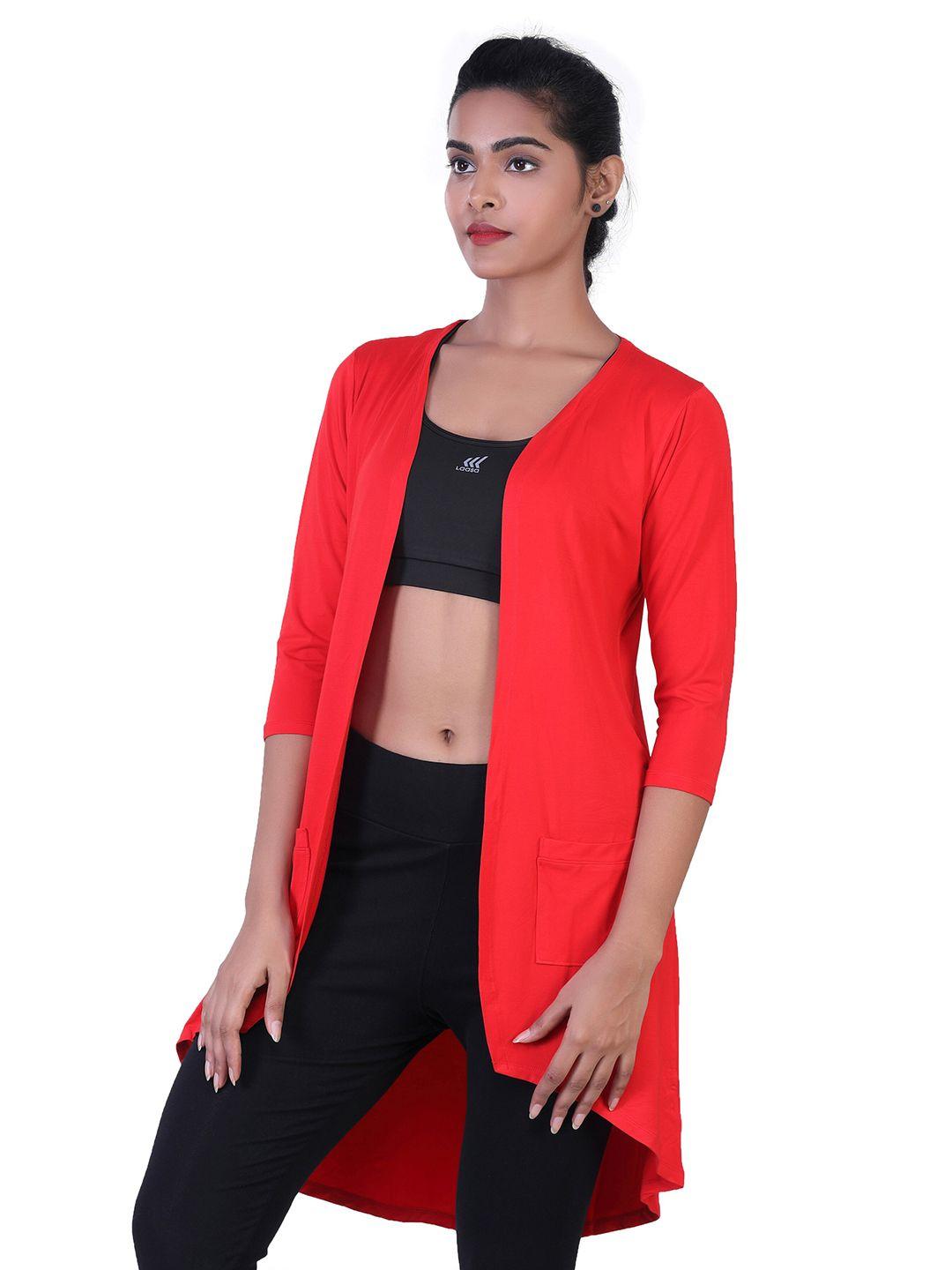 laasa  sports red solid longline open front shrug