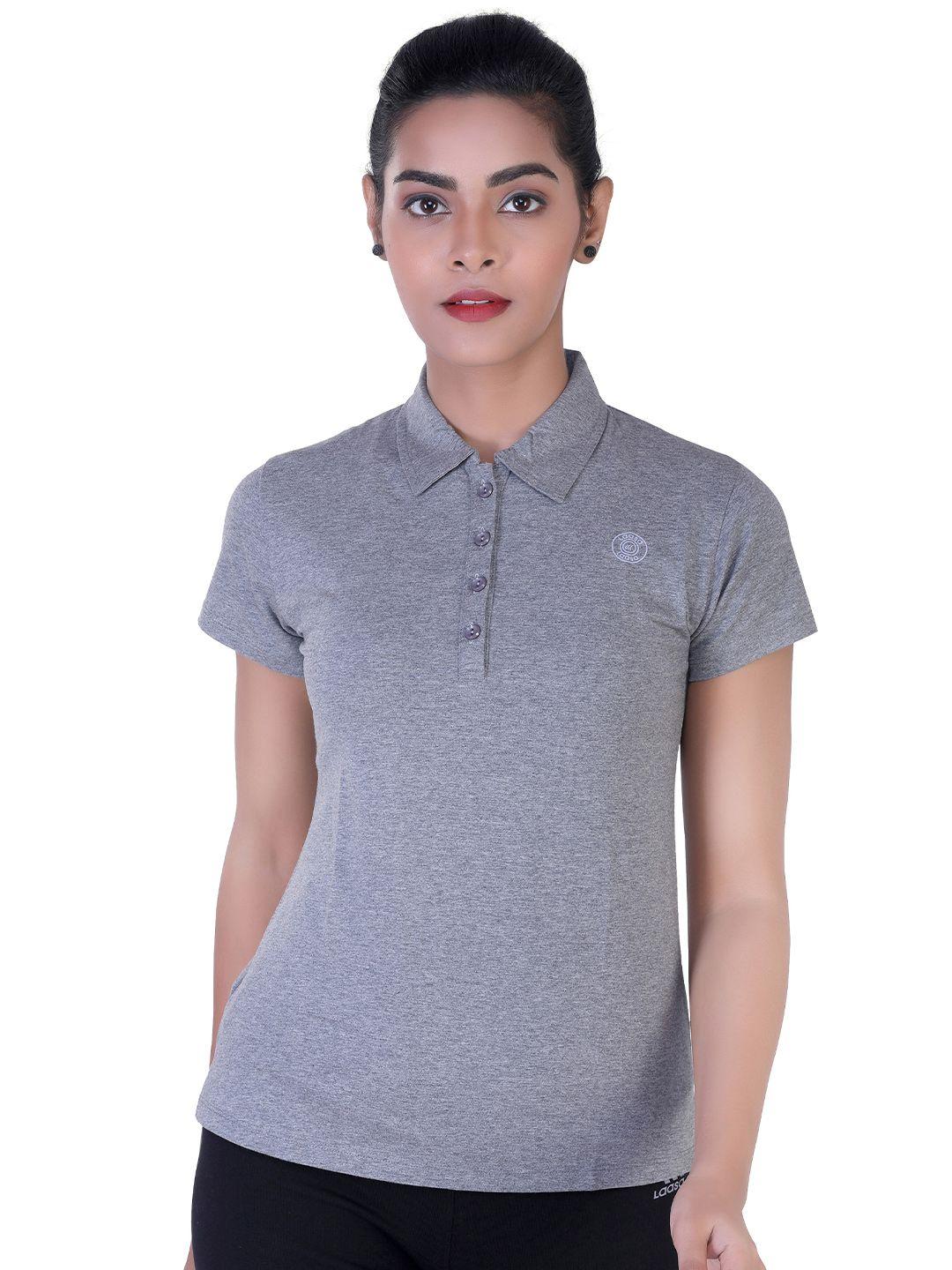 laasa sports women grey polo collar t-shirt