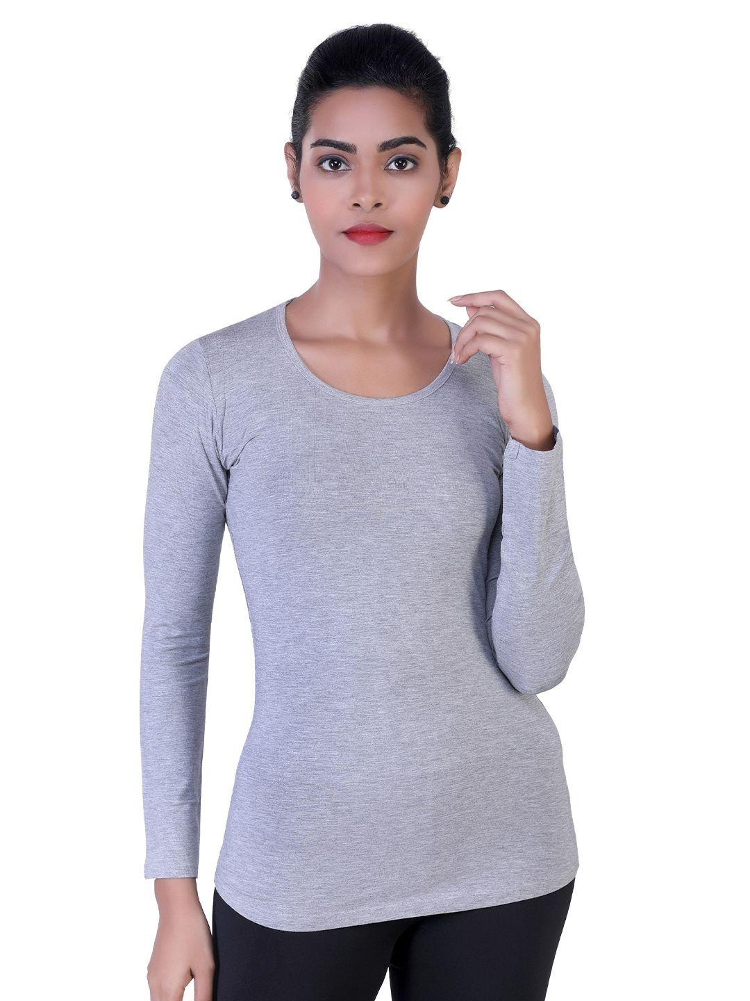 laasa sports women grey solid slim fit dry-fit training or gym t-shirt