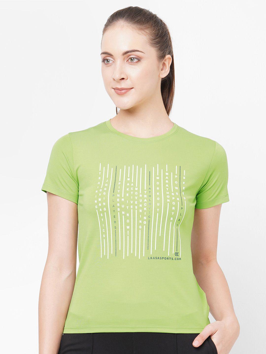 laasa sports women lime green typography printed pure cotton t-shirt