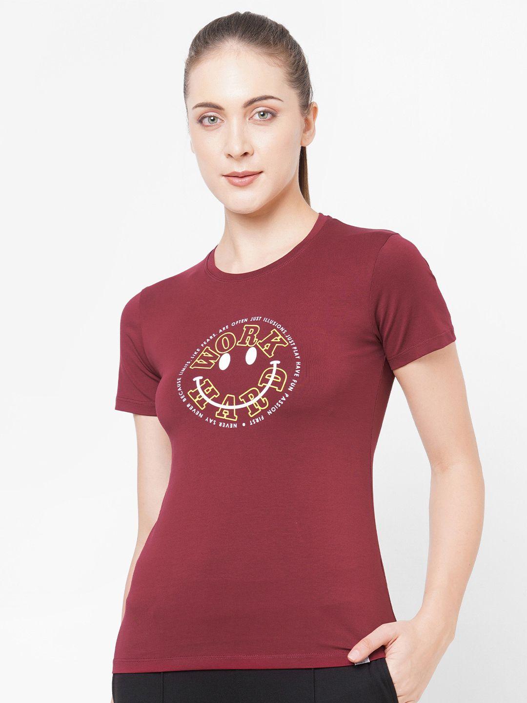 laasa sports women maroon typography printed pure cotton t-shirt