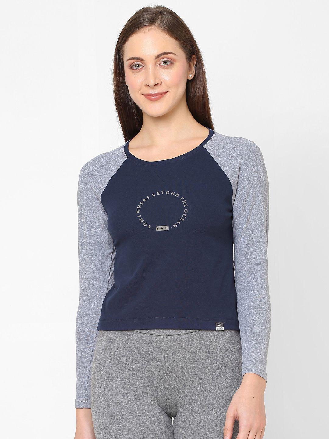 laasa sports women navy blue & grey pure cotton t-shirt