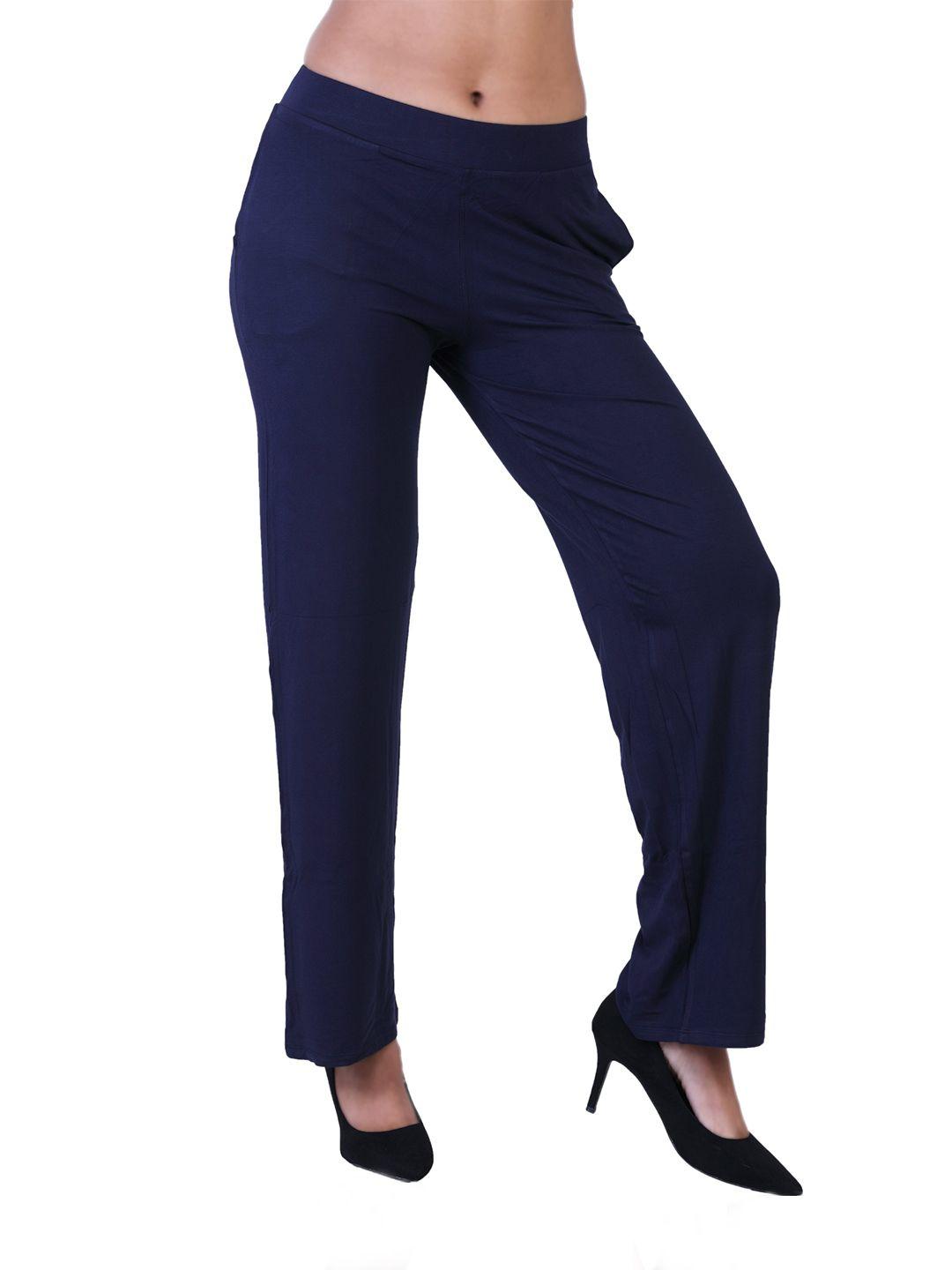 laasa sports women navy blue slim fit high-rise easy wash trousers