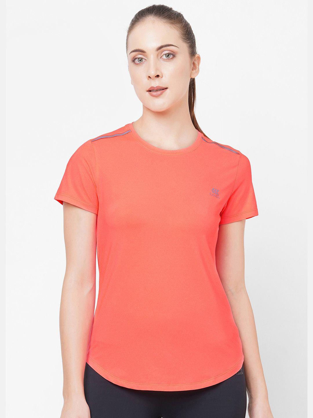 laasa sports women peach-coloured slim fit gym t-shirt