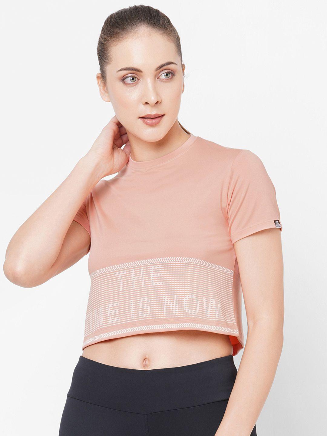 laasa sports women peach-coloured typography t-shirt