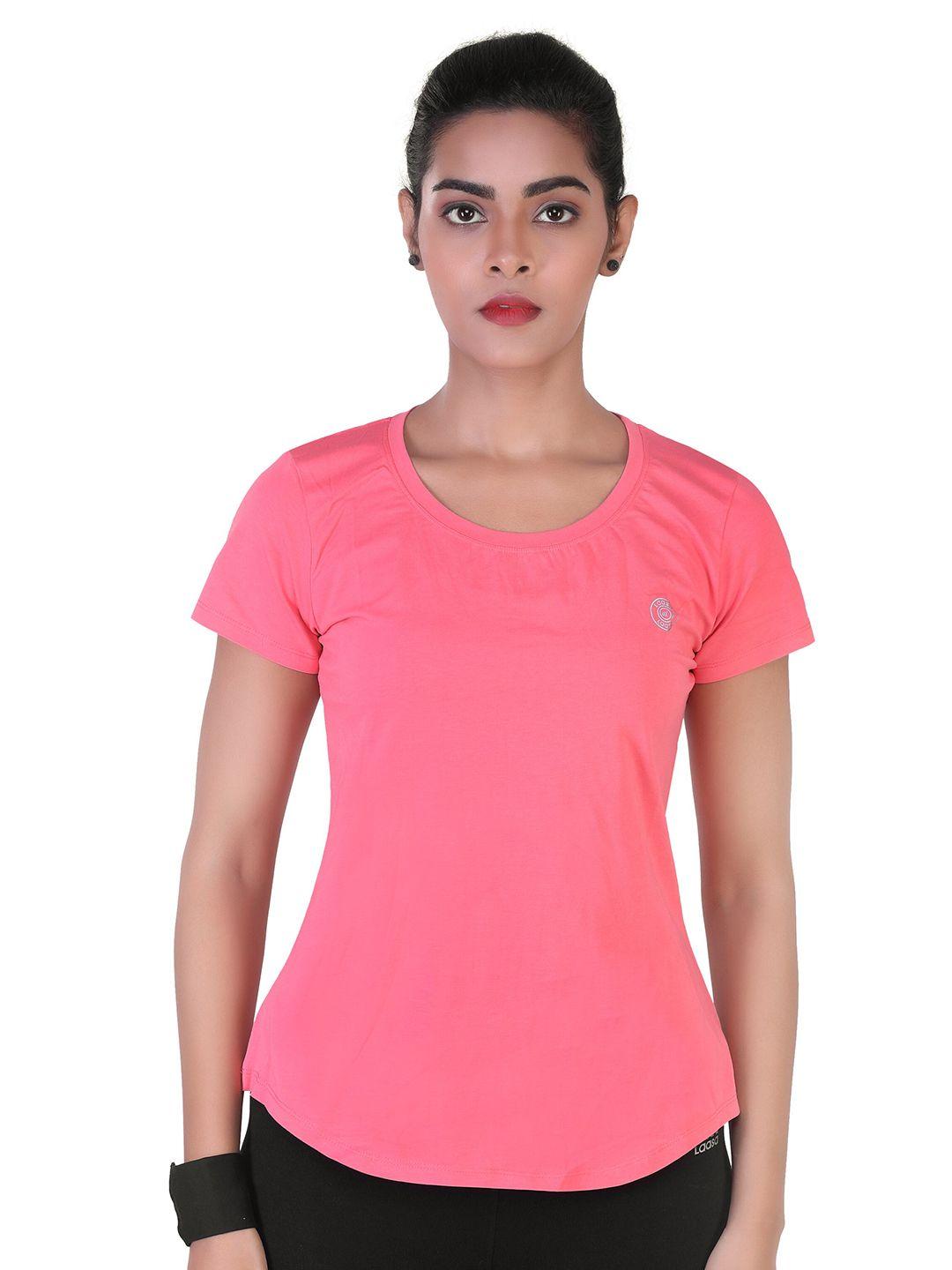 laasa sports women pink slim fit dry-fit cotton training or gym t-shirt