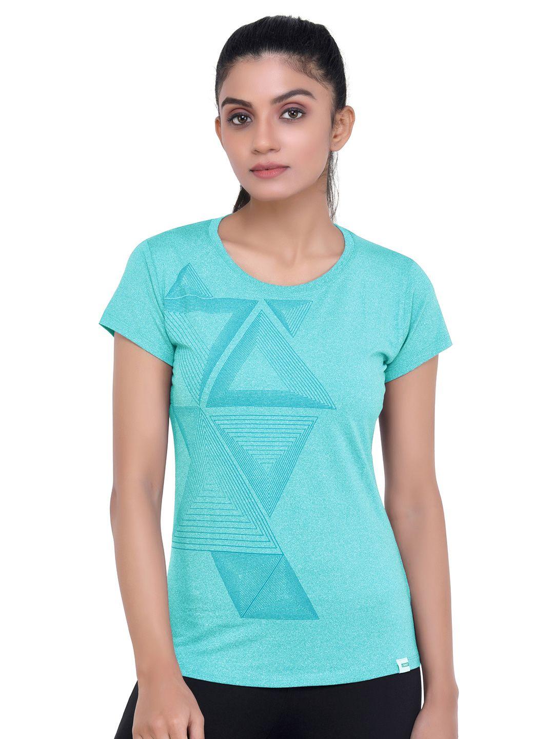 laasa sports women turquoise blue geometric printed dry-fit training or gym t-shirt