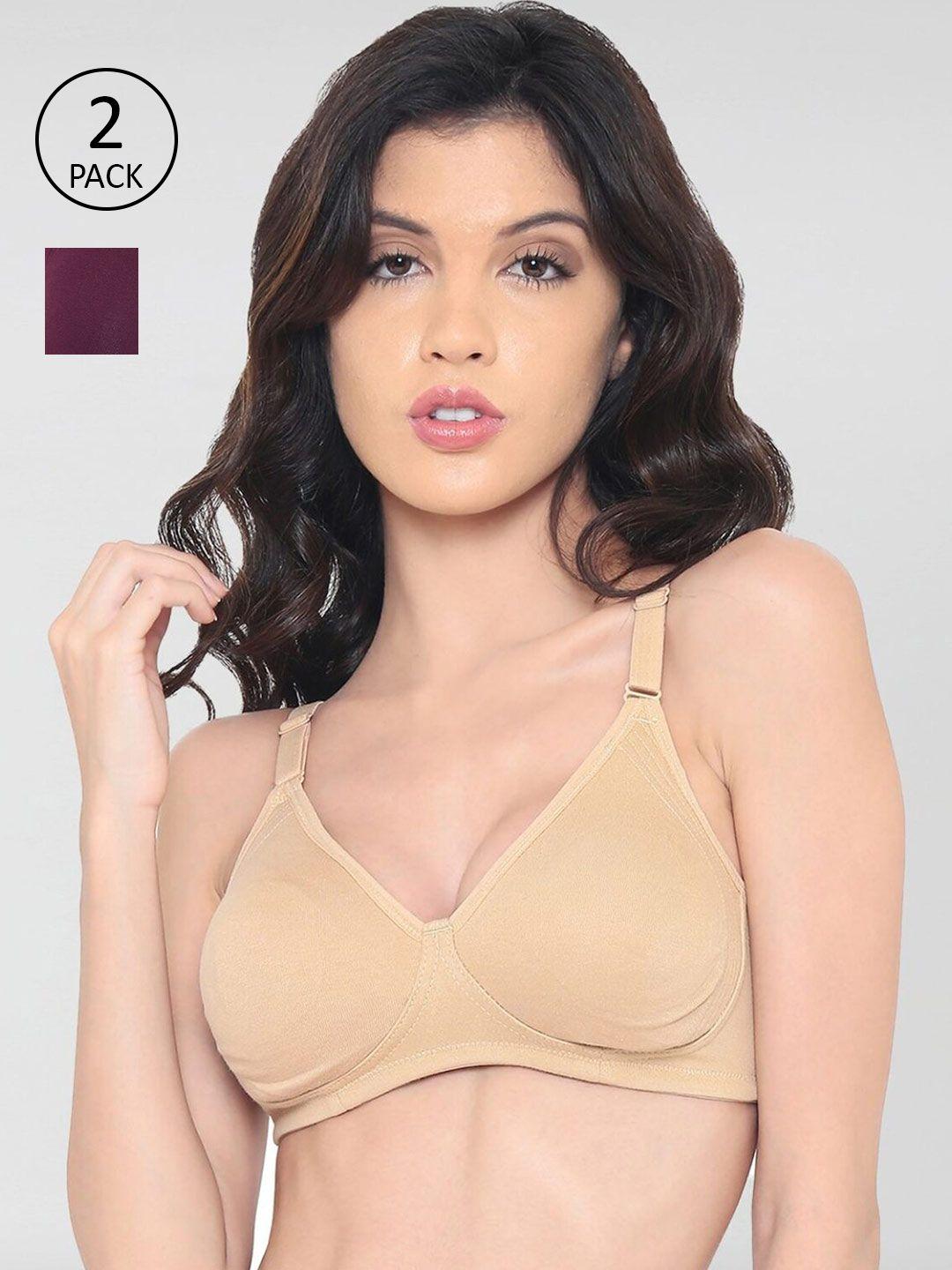 laavian pack of 2 beige & purple t-shirt bras - wireless non-padded