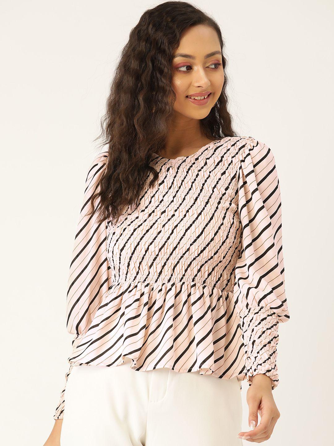 label regalia women pink & black striped puff sleeves a-line top with smocked detail