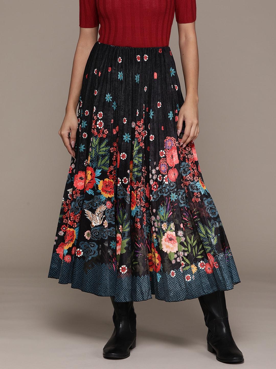label ritu kumar floral printed a-line midi velvet skirt
