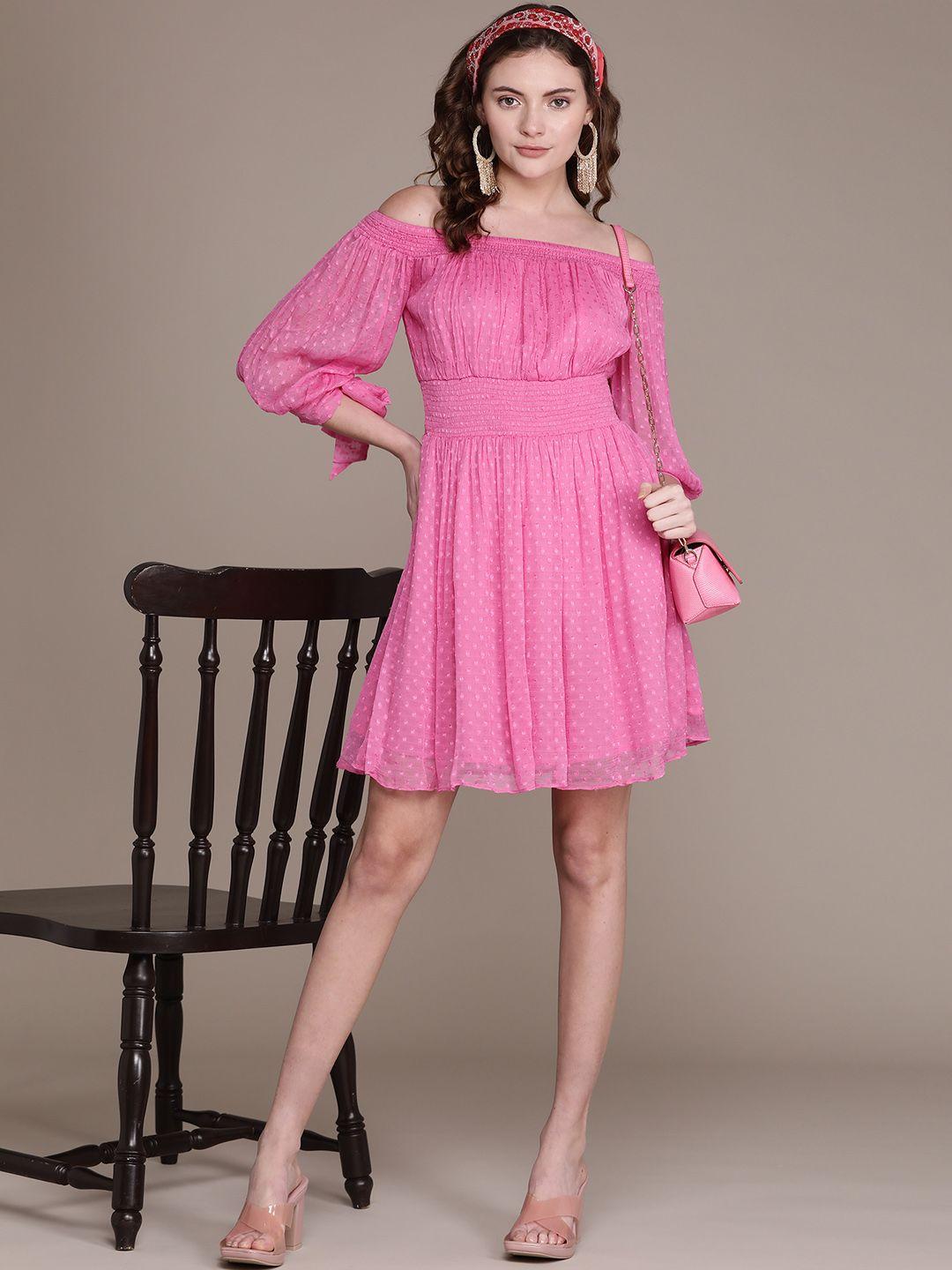 label ritu kumar pink off-shoulder chiffon a-line dress