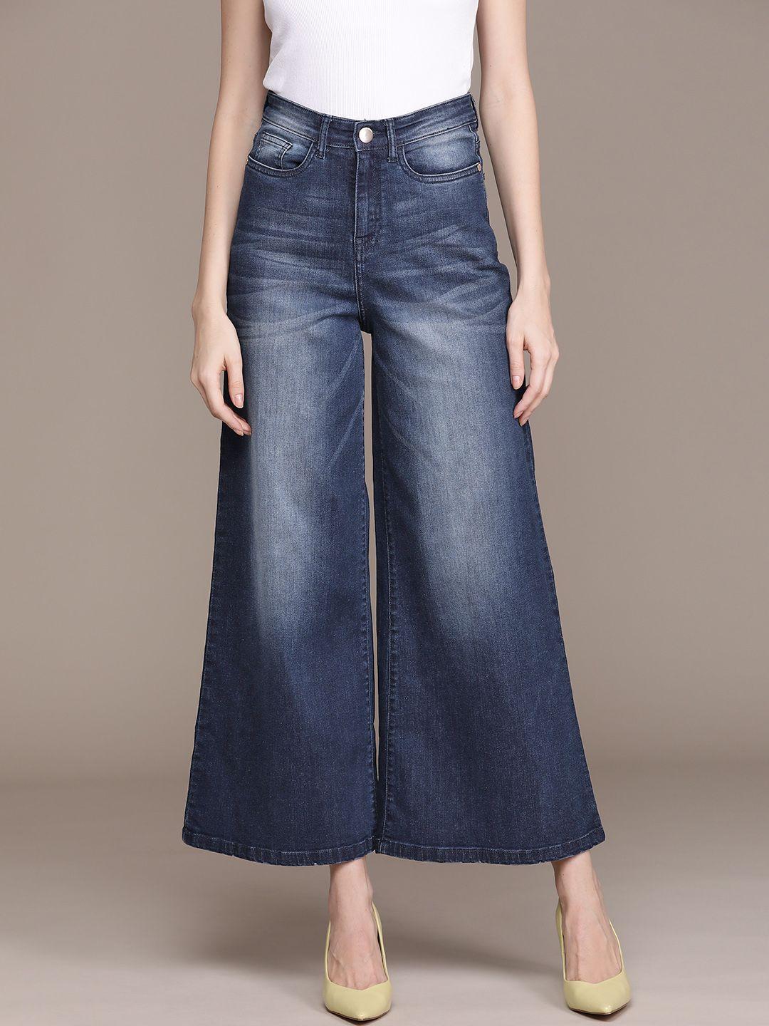 label ritu kumar women navy blue jean heavy fade stretchable jeans