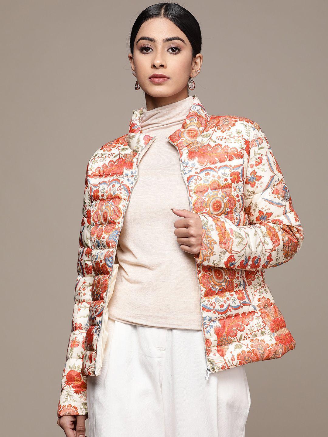 label ritu kumar women off white orange floral jacket