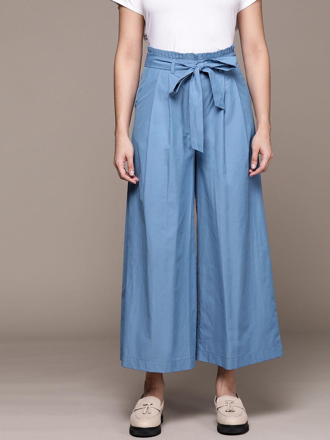label ritu kumar women relaxed loose fit pleated culottes trousers with tie up detail