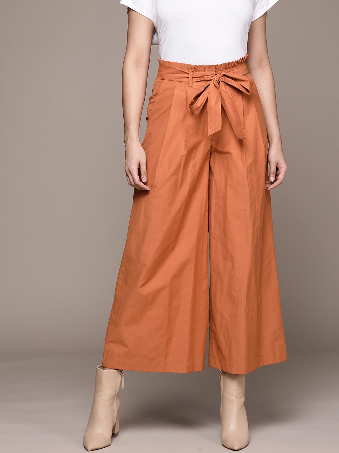 label ritu kumar women relaxed loose fit pleated culottes trousers with tie-up detail