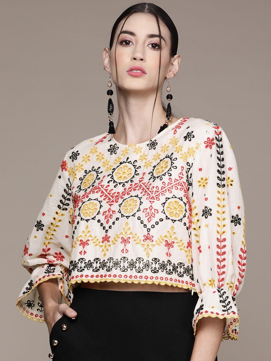 label ritu kumar women white & yellow embroidered pure cotton crop top