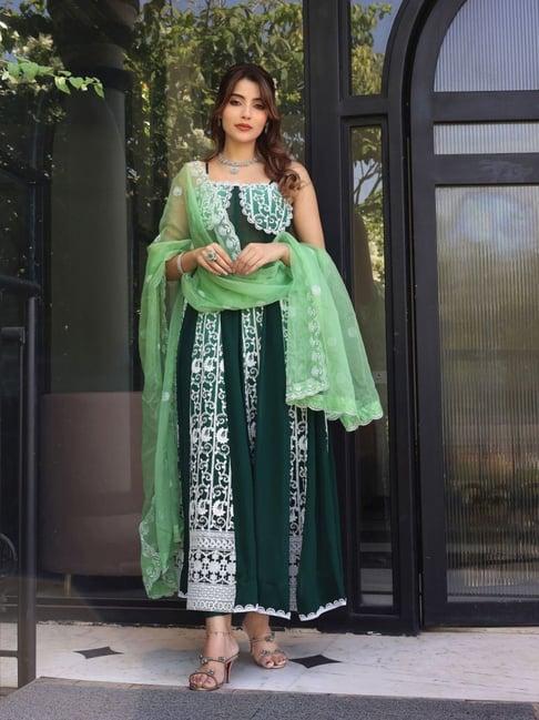 label aditi hundia bottle green & olive green chikankari corset anarkali with pant and dupatta