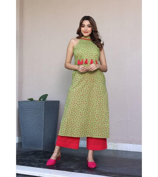 label aditi hundia green & pink anaya halter neck kurta with pant