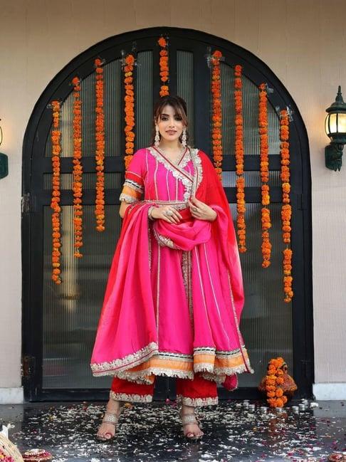 label aditi hundia red & pink rasiya angrakha with pant and dupatta
