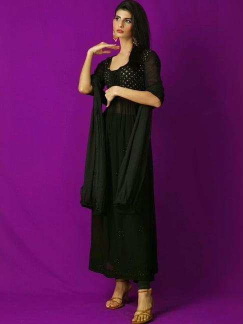 label aishwaryrika black metal chikankari & mukaish kurta with pant and dupatta