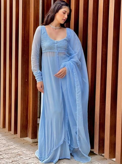 label aishwaryrika blue carla chikankari anarkali kurta with pant and dupatta