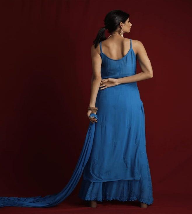 label aishwaryrika blue spotlight imperial blue spotlight strappy chikankari kurta with palazzo and dupatta