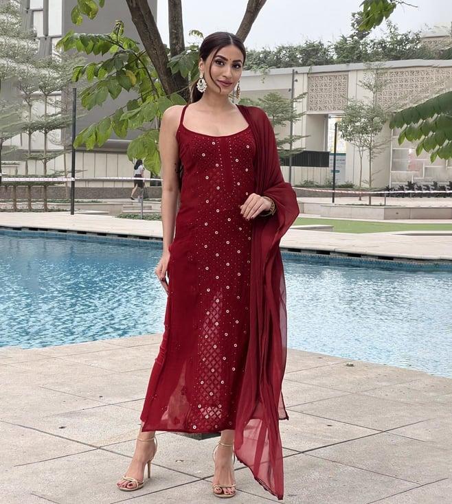 label aishwaryrika crimson red spotlight ring work strappy chikankari kurta with pant and dupatta