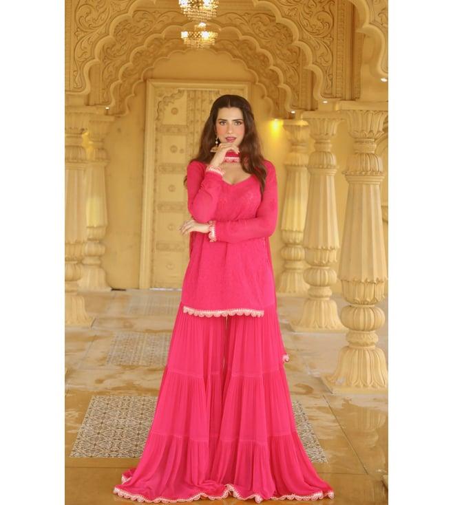 label aishwaryrika pink festive chikankari kurta-flared gharara with lace set