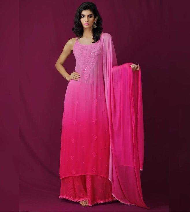 label aishwaryrika pink spotlight icing ombre chikankari kurta with palazzo and dupatta