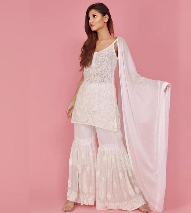 label aishwaryrika white kohinoor estella chikankari kurta with gharara and dupatta