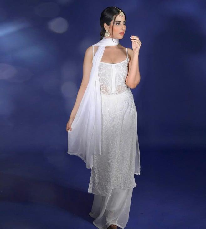 label aishwaryrika white summer chikankari & iridescent pearl kurta with sharara and dupatta