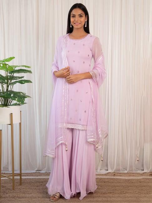 label kanupriya lilac mirrorwork kurta and sharara with dupatta