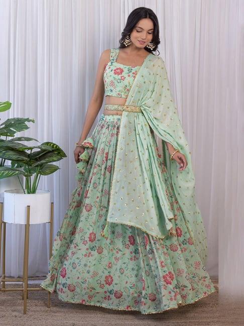 label kanupriya sage green handwork floral printed georgette lehenga with blouse and dupatta