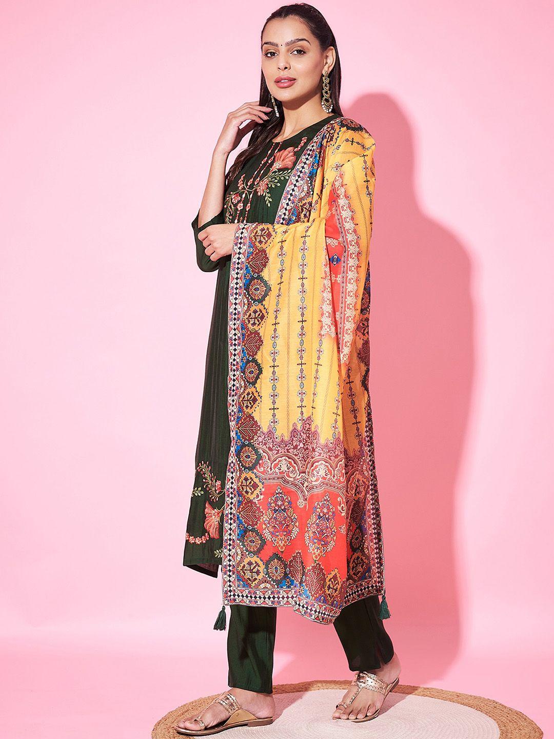 label khoj women ethnic motifs embroidered regular thread work kurta with trousers & with dupatta