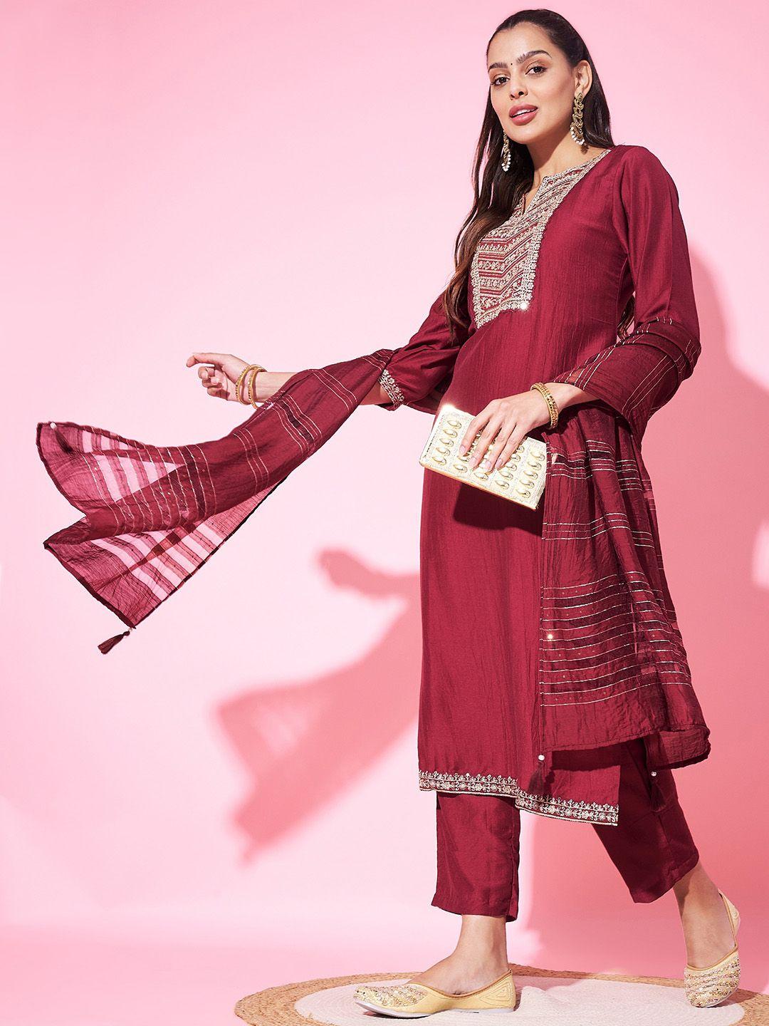 label khoj women ethnic motifs embroidered regular thread work kurta with trousers & with dupatta