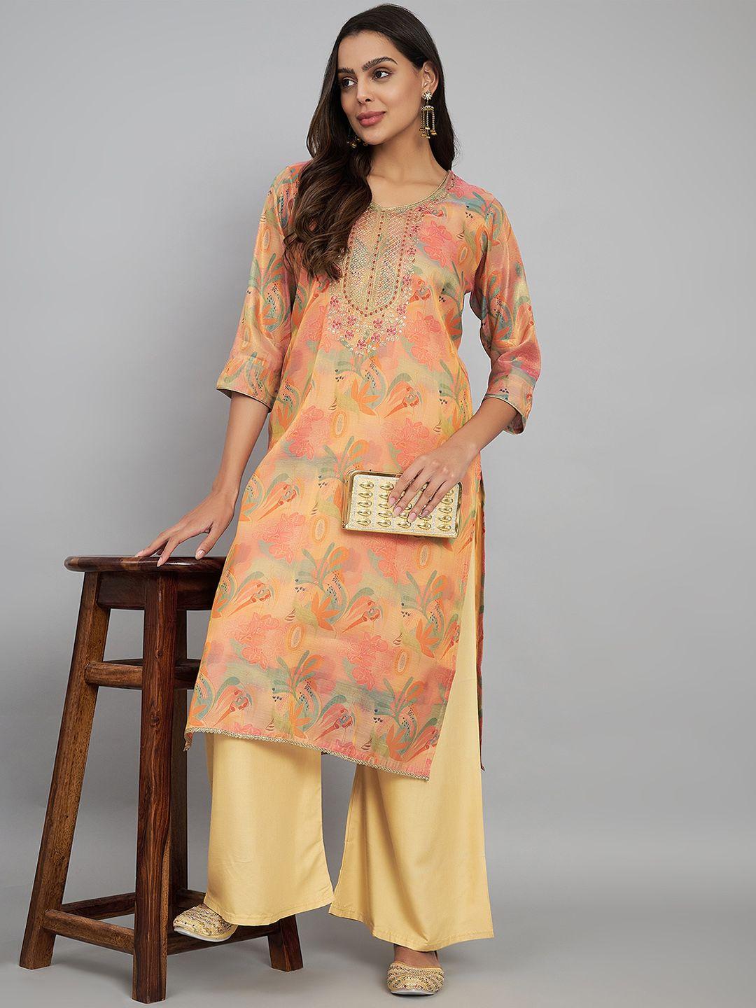 label khoj women ethnic motifs printed flared sleeves sequinned kurta
