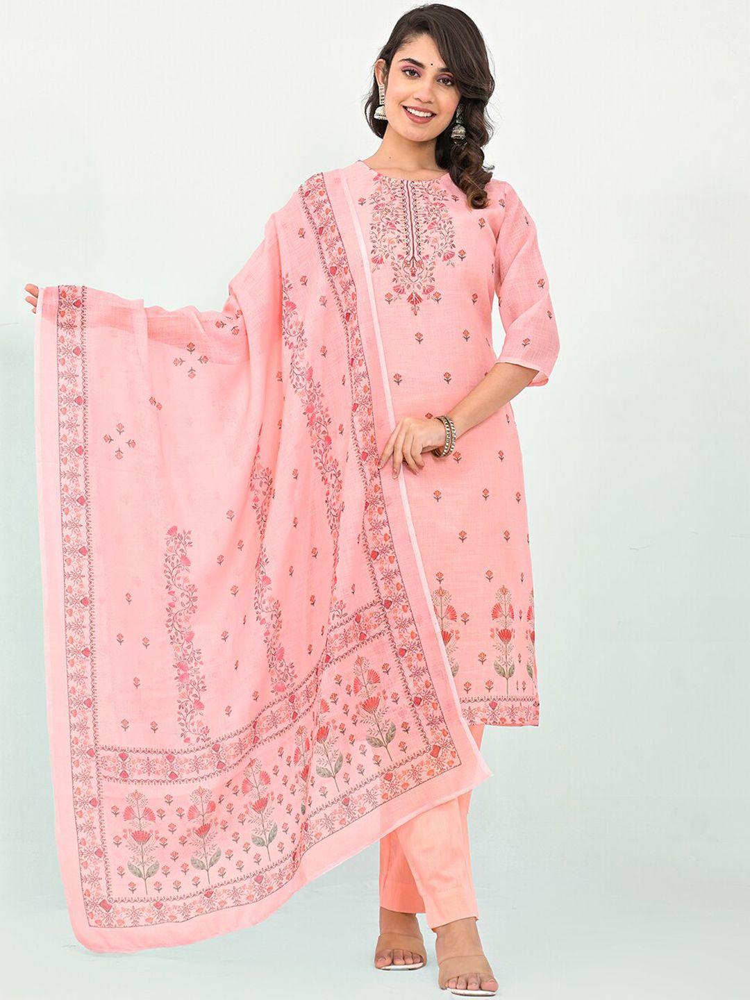 label khoj women ethnic motifs printed regular thread work linen kurta with trousers & with dupatta