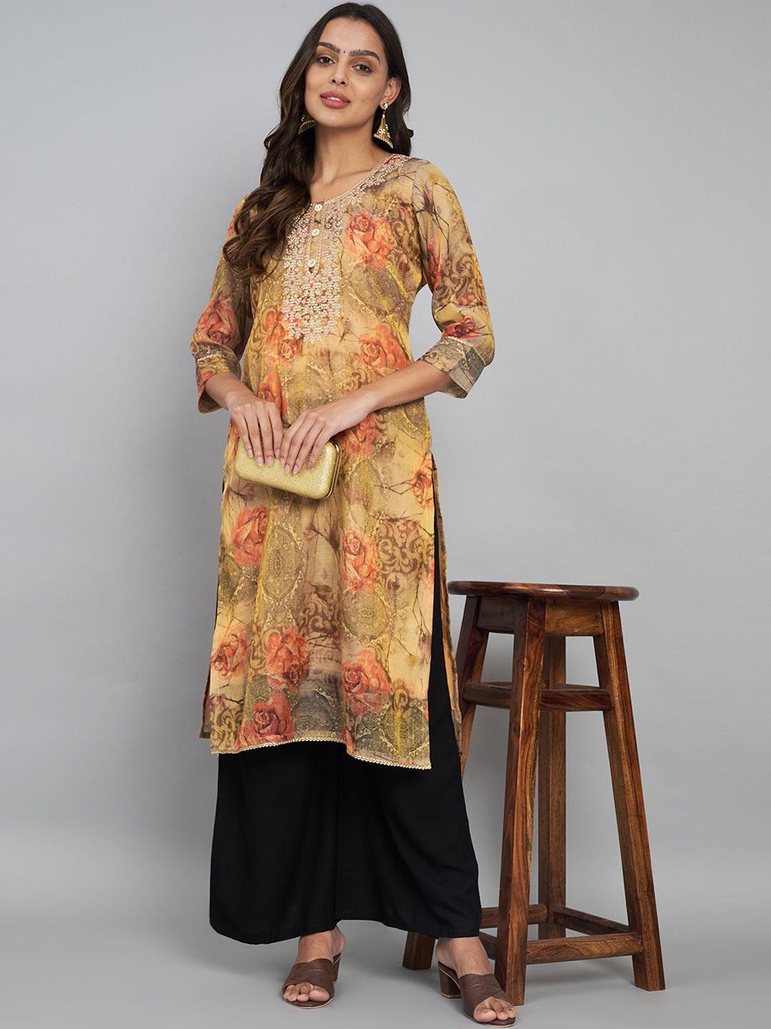 label khoj women ethnic motifs printed thread work kurta