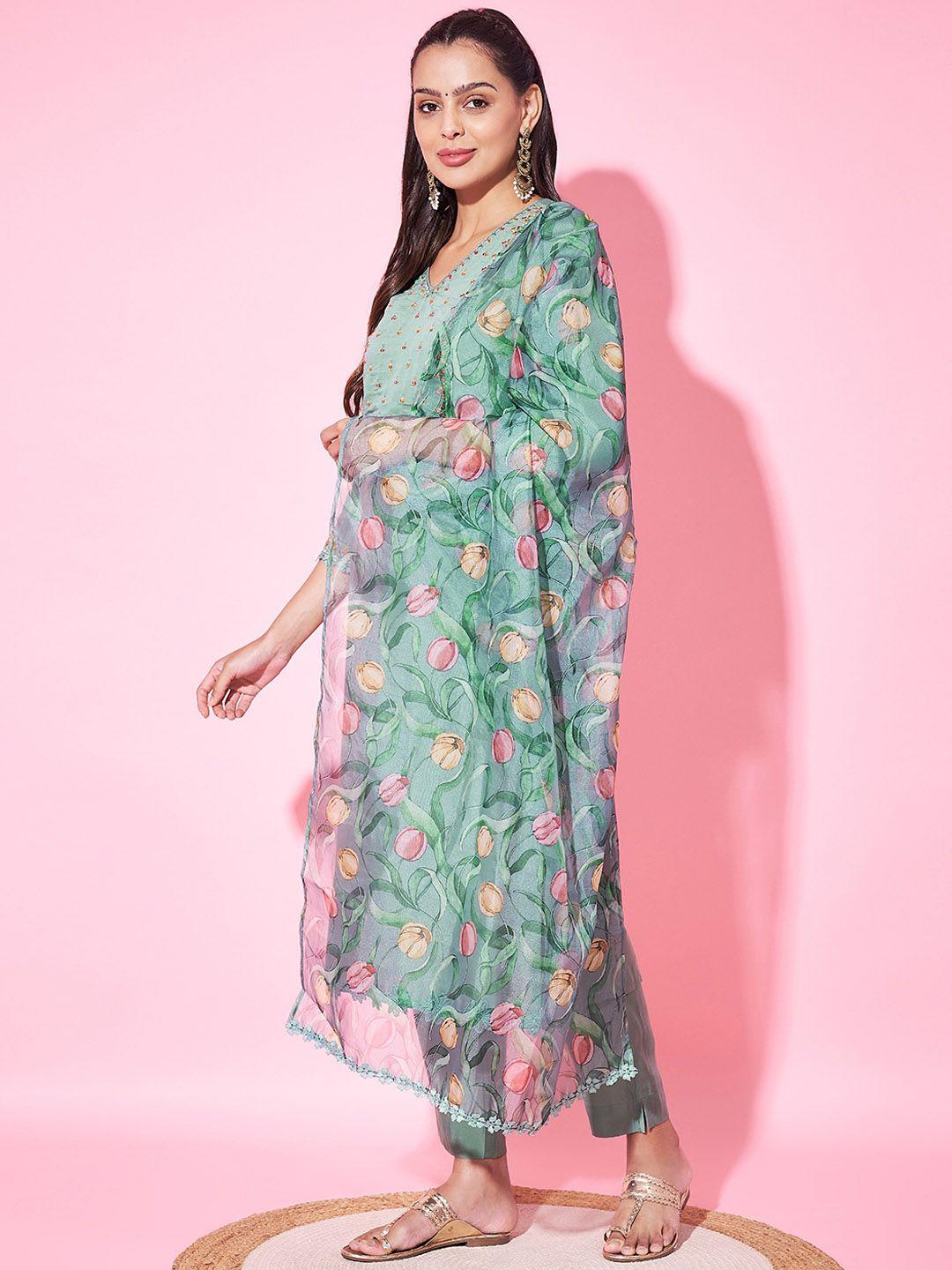 label khoj women ethnic motifs yoke design regular thread work kurta with trousers & with dupatta