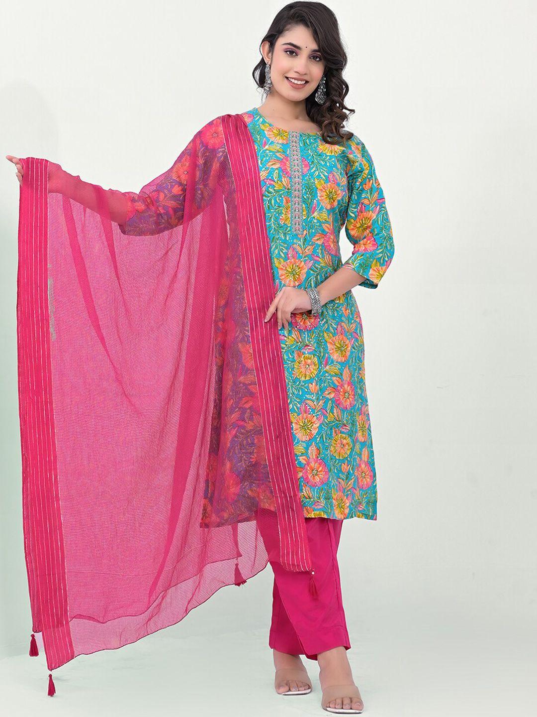 label khoj women floral embroidered regular thread work kurta with trousers & with dupatta