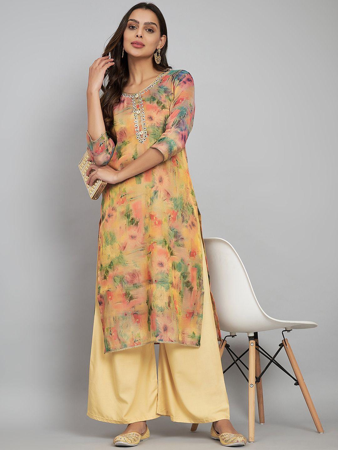 label khoj women floral printed flared sleeves sequinned kurta
