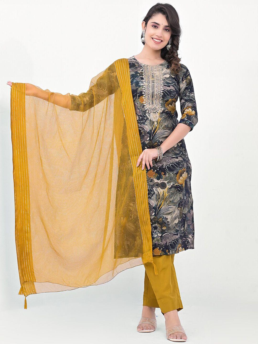 label khoj women floral printed regular sequinned kurta with trousers & with dupatta