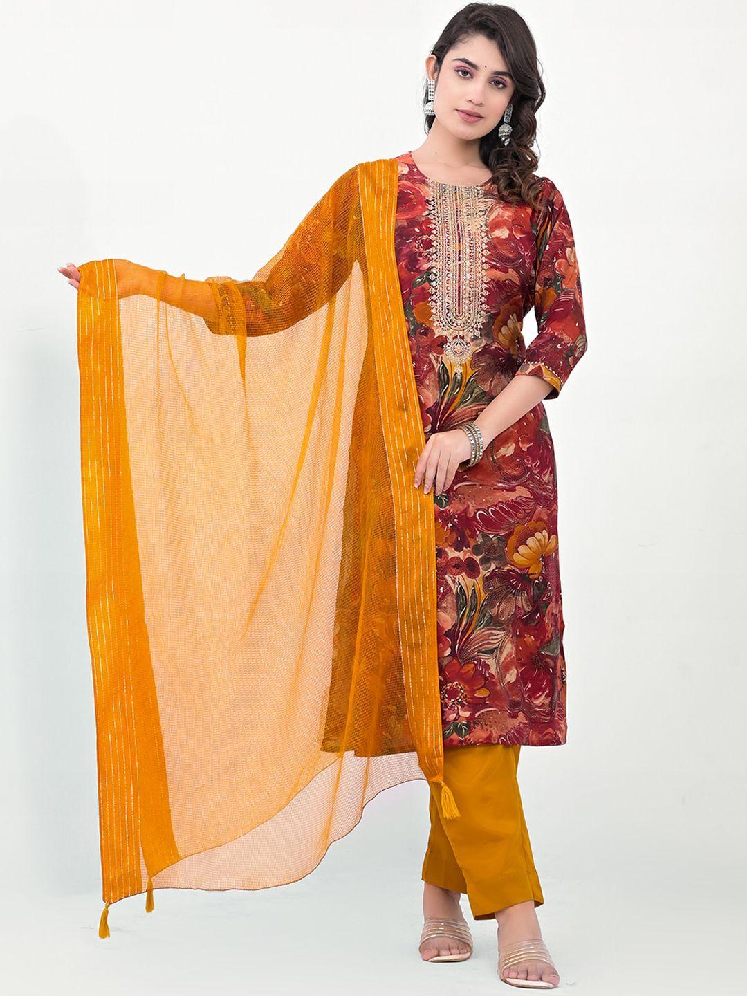 label khoj women floral printed regular thread work kurta with trousers & with dupatta
