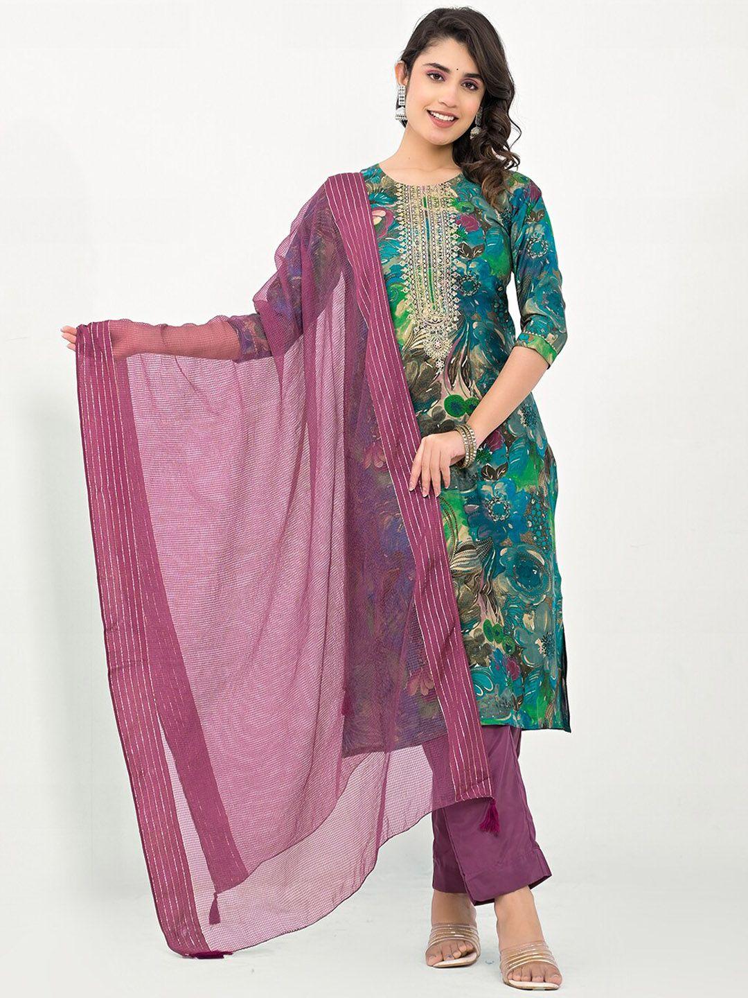 label khoj women floral printed regular thread work kurta with trousers & with dupatta